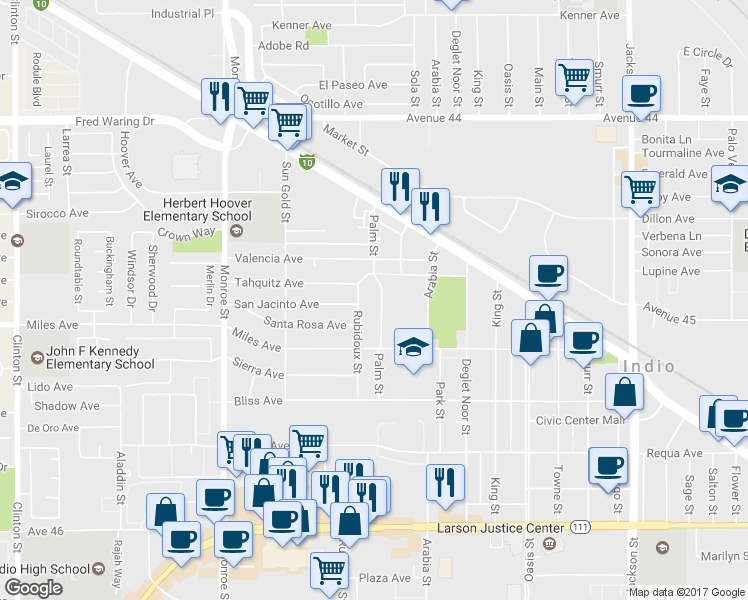 map of restaurants, bars, coffee shops, grocery stores, and more near 44725 Palm Street in Indio