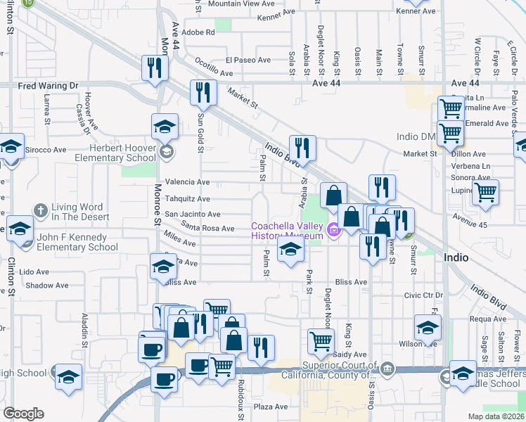 map of restaurants, bars, coffee shops, grocery stores, and more near 44725 Palm Street in Indio