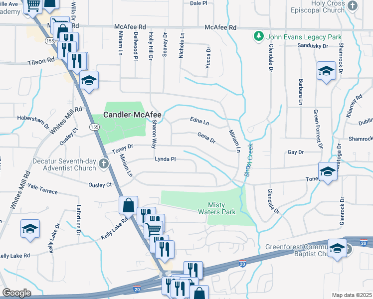 map of restaurants, bars, coffee shops, grocery stores, and more near 2917 Toney Drive in Decatur