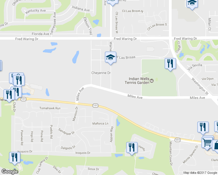 map of restaurants, bars, coffee shops, grocery stores, and more near 44797 Warner Trail in Indian Wells