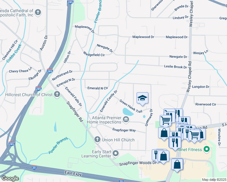 map of restaurants, bars, coffee shops, grocery stores, and more near 2231 Emerald Castle Drive in Decatur