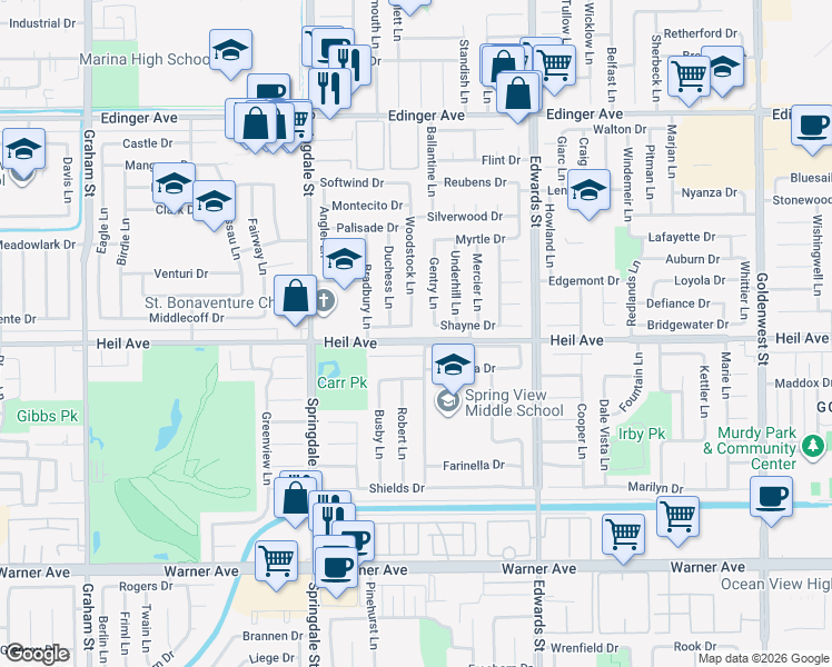 map of restaurants, bars, coffee shops, grocery stores, and more near 6222 Christy Drive in Huntington Beach