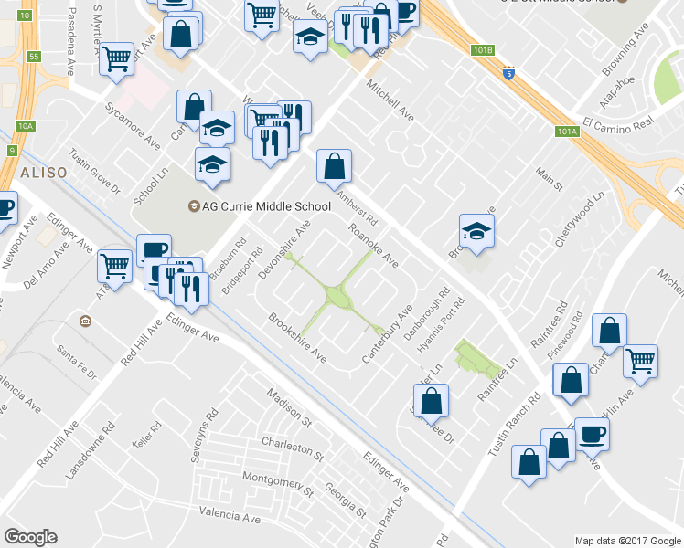 map of restaurants, bars, coffee shops, grocery stores, and more near 14672 Kimberly Circle in Tustin
