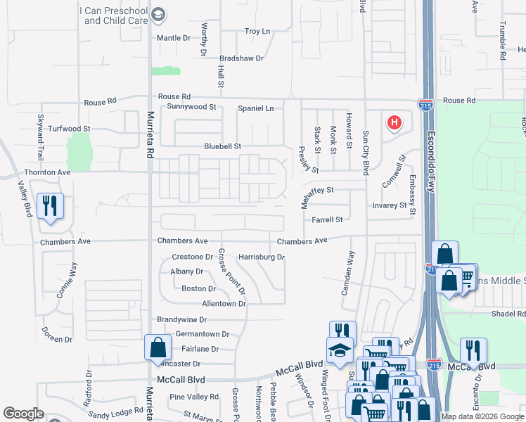 map of restaurants, bars, coffee shops, grocery stores, and more near 26344 Leos Trail in Menifee