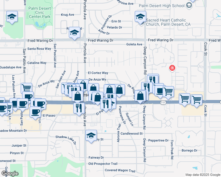 map of restaurants, bars, coffee shops, grocery stores, and more near 44781 Santa Anita Avenue in Palm Desert