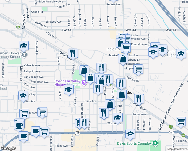 map of restaurants, bars, coffee shops, grocery stores, and more near 82675 Indio Boulevard in Indio