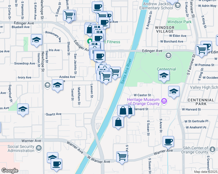 map of restaurants, bars, coffee shops, grocery stores, and more near 16560 Harbor Boulevard in Fountain Valley