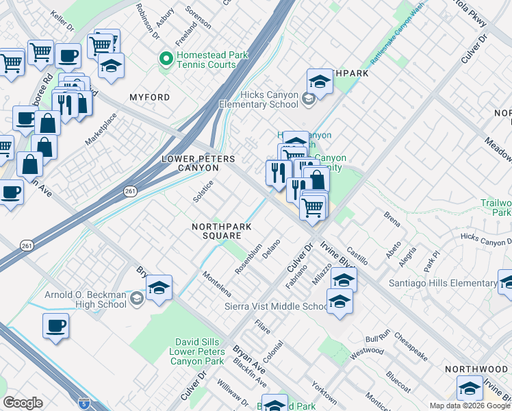 map of restaurants, bars, coffee shops, grocery stores, and more near 18 Thorn Hill in Irvine