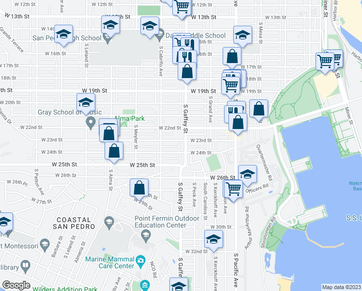 map of restaurants, bars, coffee shops, grocery stores, and more near 2317 South Gaffey Street in Los Angeles