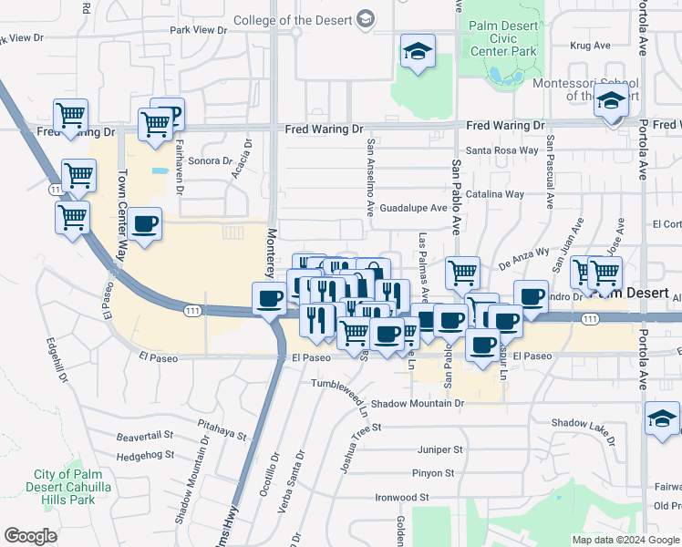 map of restaurants, bars, coffee shops, grocery stores, and more near 44780 San Clemente Circle in Palm Desert