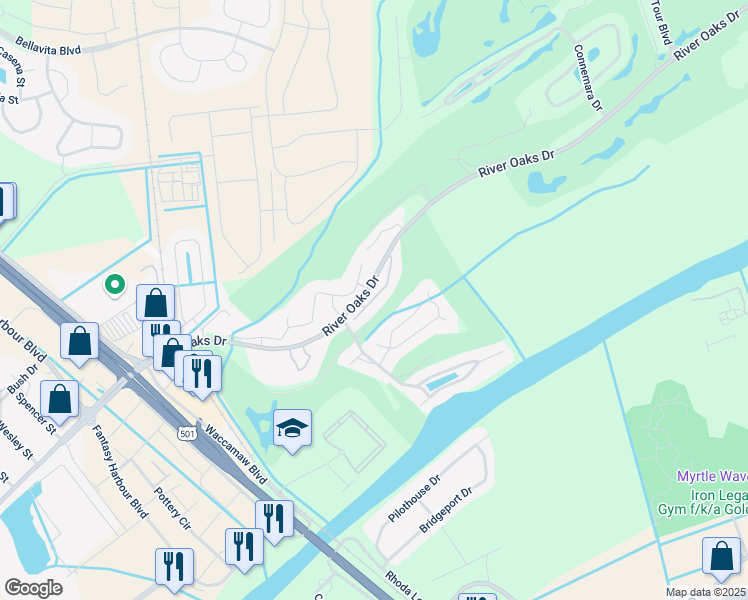 map of restaurants, bars, coffee shops, grocery stores, and more near 624D River Oaks Drive in Myrtle Beach