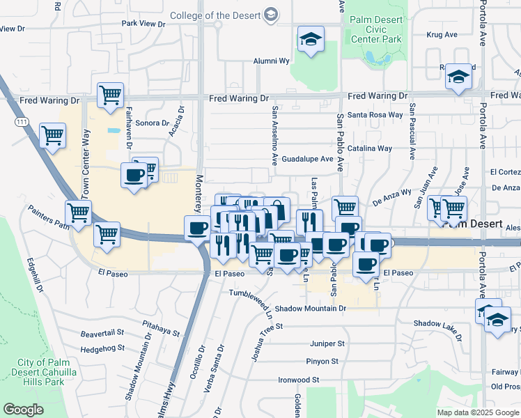 map of restaurants, bars, coffee shops, grocery stores, and more near 73221 San Gorgonio Way in Palm Desert