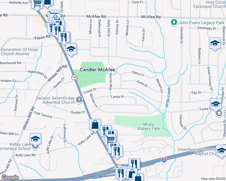 map of restaurants, bars, coffee shops, grocery stores, and more near 2861 Toney Drive in Decatur
