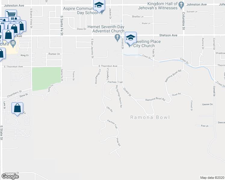 map of restaurants, bars, coffee shops, grocery stores, and more near 27411 Big Springs Ranch Road in Hemet