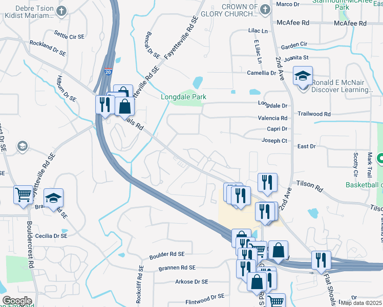 map of restaurants, bars, coffee shops, grocery stores, and more near 2114 Shropshire Lane Southeast in Atlanta
