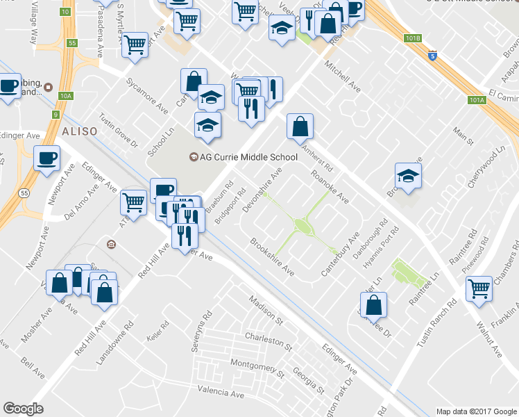 map of restaurants, bars, coffee shops, grocery stores, and more near 14781 Branbury Place in Tustin