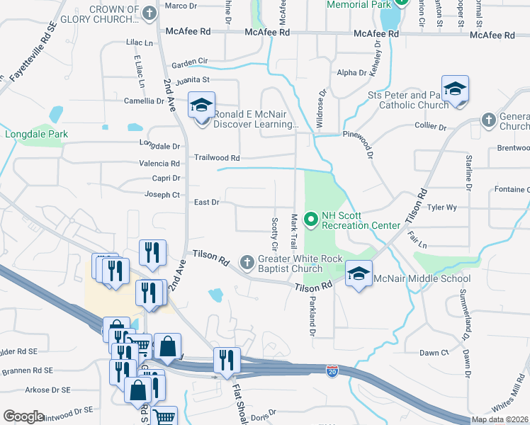 map of restaurants, bars, coffee shops, grocery stores, and more near 2127 East Drive in Decatur