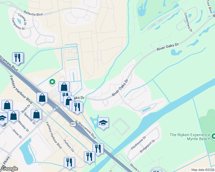 map of restaurants, bars, coffee shops, grocery stores, and more near 20 White River Drive in Myrtle Beach