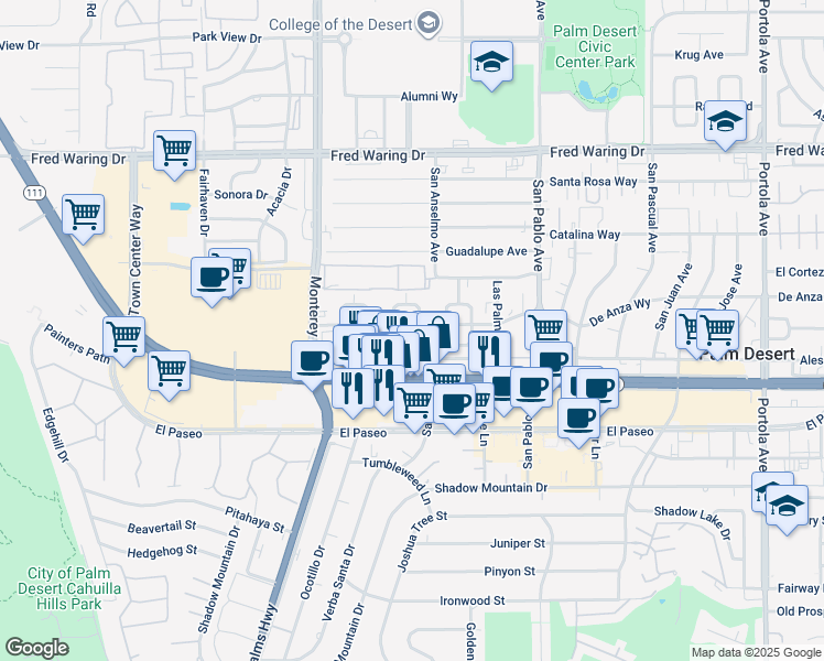 map of restaurants, bars, coffee shops, grocery stores, and more near 73221 San Gorgonio Way in Palm Desert