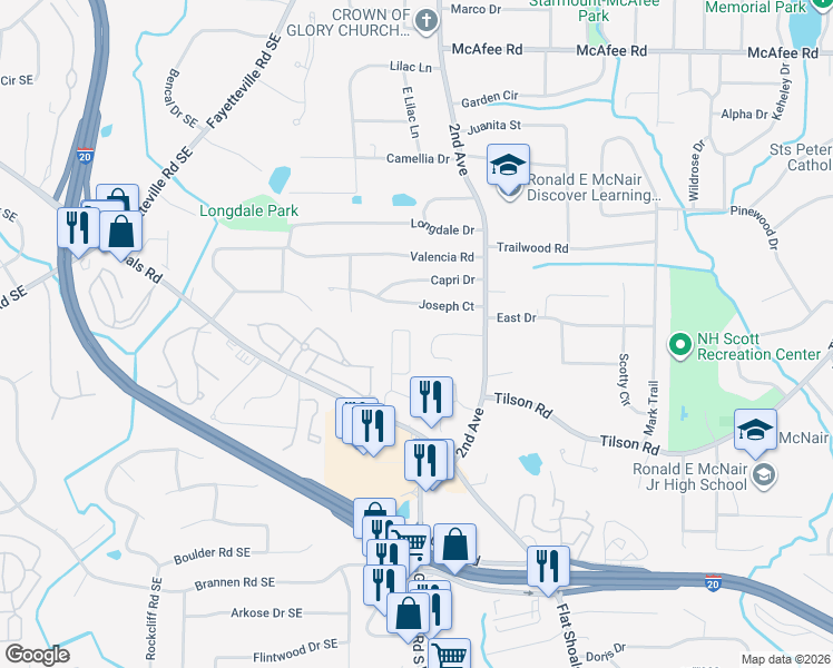 map of restaurants, bars, coffee shops, grocery stores, and more near 1969 Shawn Wayne Circle Southeast in Atlanta