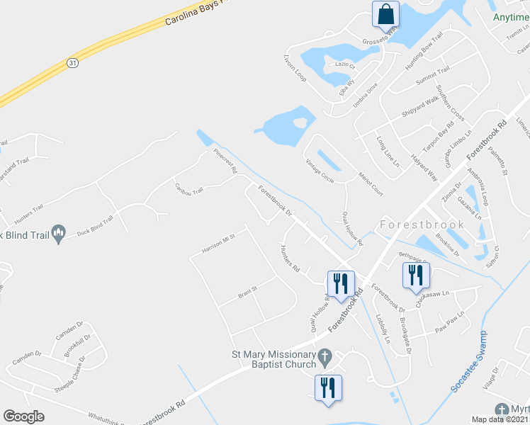 map of restaurants, bars, coffee shops, grocery stores, and more near 108 Partridge Berry Road in Myrtle Beach