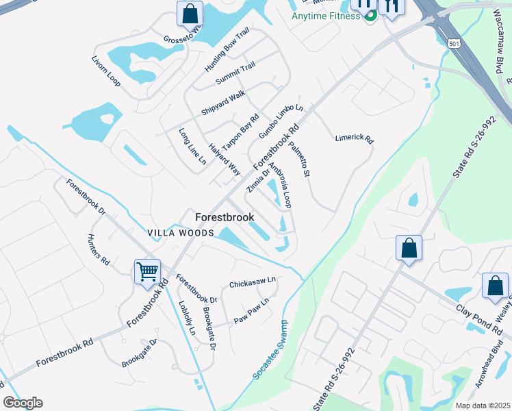 map of restaurants, bars, coffee shops, grocery stores, and more near 161 Zinnia Drive in Myrtle Beach