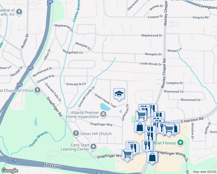 map of restaurants, bars, coffee shops, grocery stores, and more near 2344 Deer Pass Way in Decatur