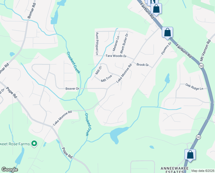 map of restaurants, bars, coffee shops, grocery stores, and more near 3047 Lake Monroe Road in Douglasville