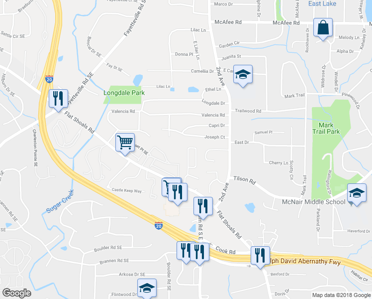 map of restaurants, bars, coffee shops, grocery stores, and more near 1993 Shawn Wayne Circle Southeast in Atlanta