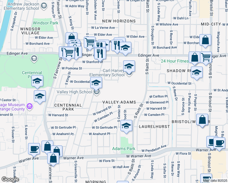 map of restaurants, bars, coffee shops, grocery stores, and more near 1801 South Greenville Street in Santa Ana