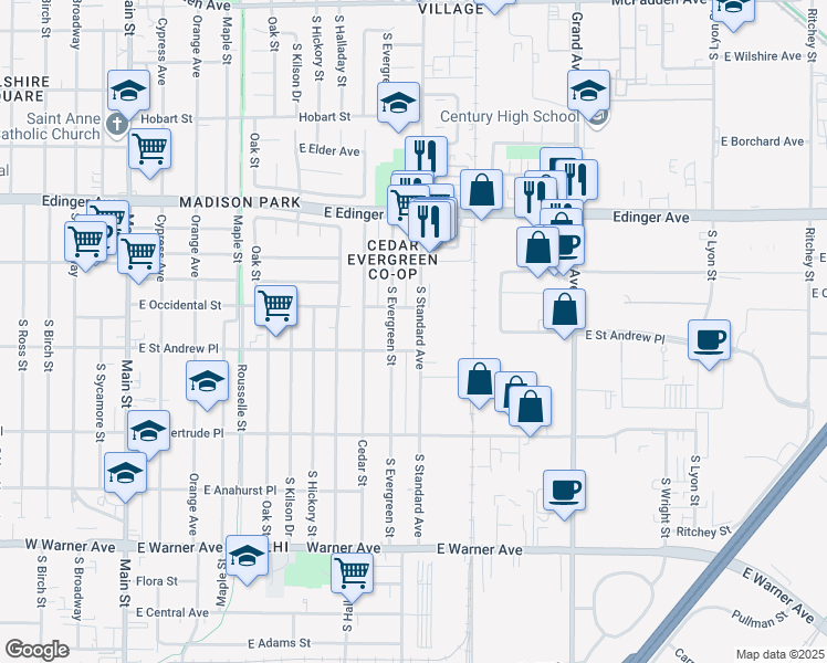 map of restaurants, bars, coffee shops, grocery stores, and more near 1918 South Standard Avenue in Santa Ana