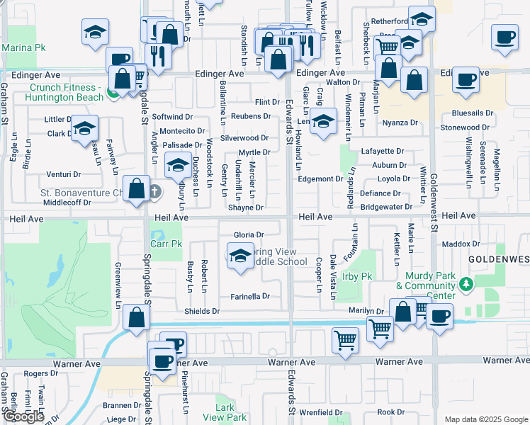 map of restaurants, bars, coffee shops, grocery stores, and more near 6392 Shayne Drive in Huntington Beach