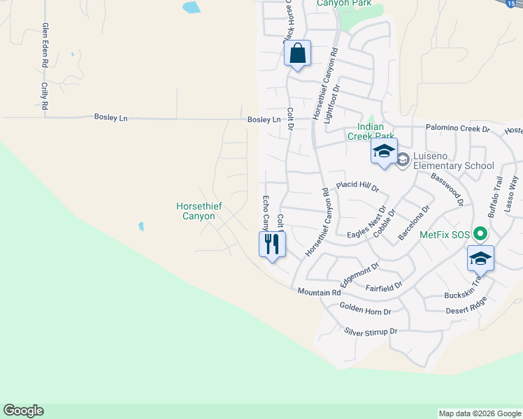 map of restaurants, bars, coffee shops, grocery stores, and more near 27283 Echo Canyon Court in Corona