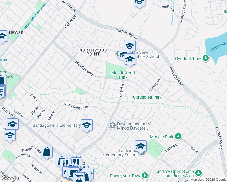 map of restaurants, bars, coffee shops, grocery stores, and more near 12 Bayleaf Lane in Irvine