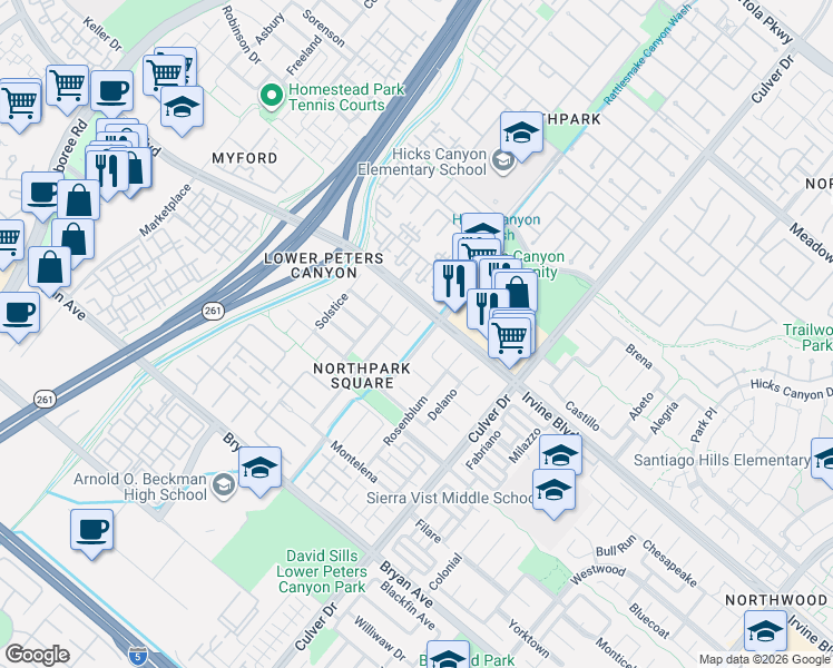 map of restaurants, bars, coffee shops, grocery stores, and more near 18 Thorn Hill in Irvine