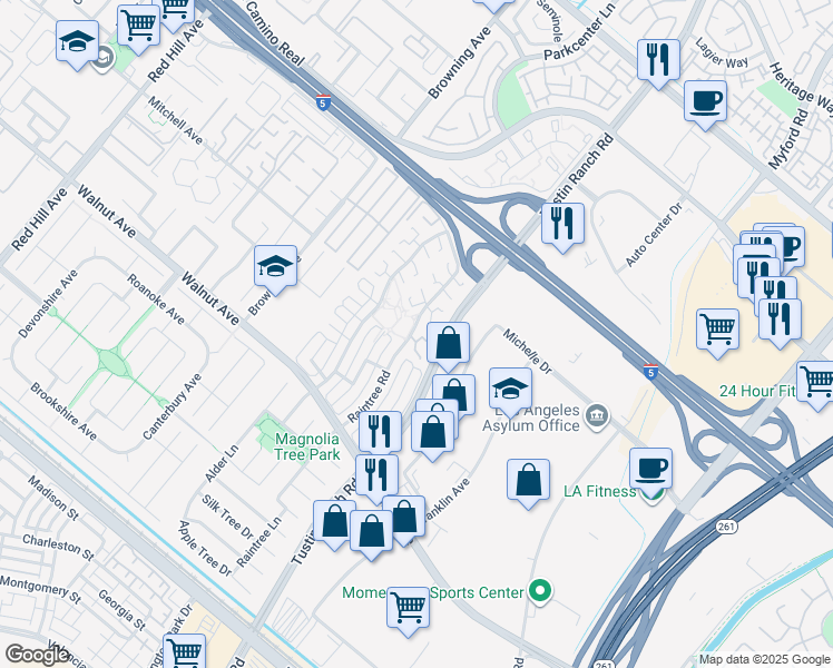 map of restaurants, bars, coffee shops, grocery stores, and more near 2374 Dahlia Drive in Tustin