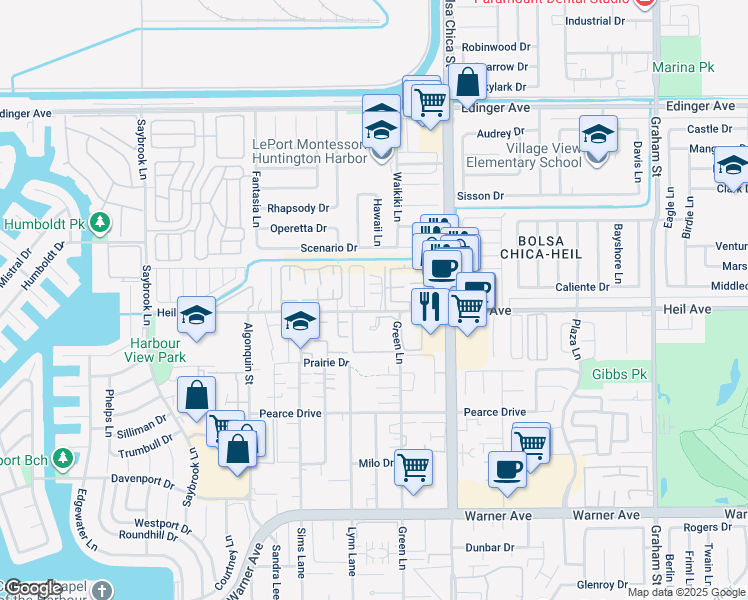 map of restaurants, bars, coffee shops, grocery stores, and more near 4841 Heil Avenue in Huntington Beach