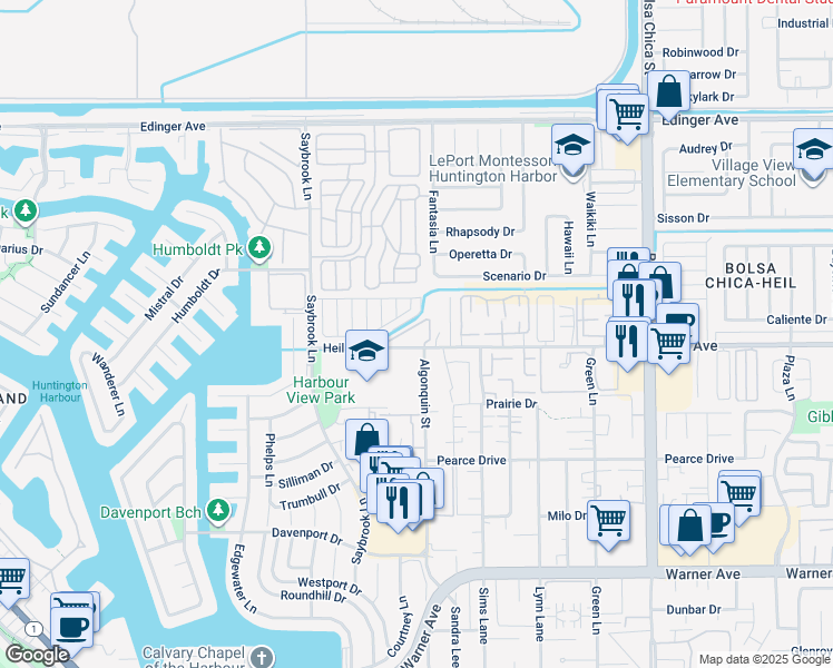 map of restaurants, bars, coffee shops, grocery stores, and more near 16450 Sea View Lane in Huntington Beach