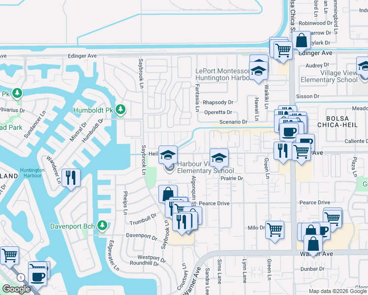 map of restaurants, bars, coffee shops, grocery stores, and more near 4430 Shorebird Street in Huntington Beach