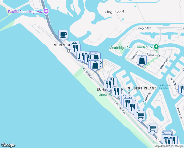 map of restaurants, bars, coffee shops, grocery stores, and more near 16471 24th Street in Huntington Beach