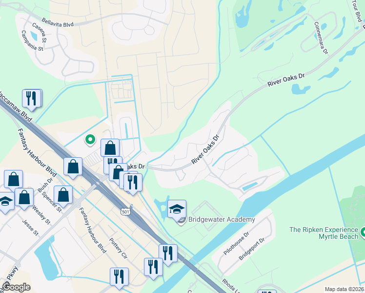 map of restaurants, bars, coffee shops, grocery stores, and more near 20 White River Drive in Myrtle Beach