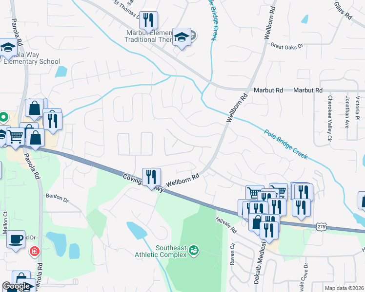 map of restaurants, bars, coffee shops, grocery stores, and more near 5745 Wind Gate Lane in Lithonia