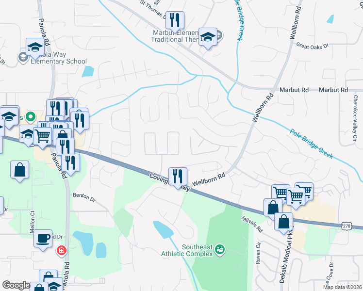 map of restaurants, bars, coffee shops, grocery stores, and more near 5777 Strathmoor Manor Circle in Lithonia