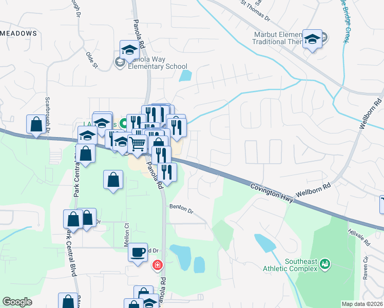 map of restaurants, bars, coffee shops, grocery stores, and more near 6160-6206 State Highway 12 in Lithonia