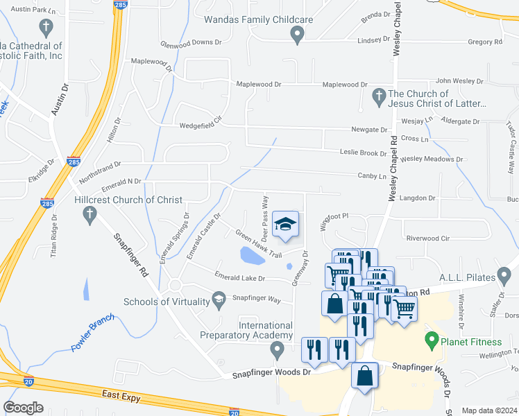 map of restaurants, bars, coffee shops, grocery stores, and more near 2344 Deer Pass Way in Decatur