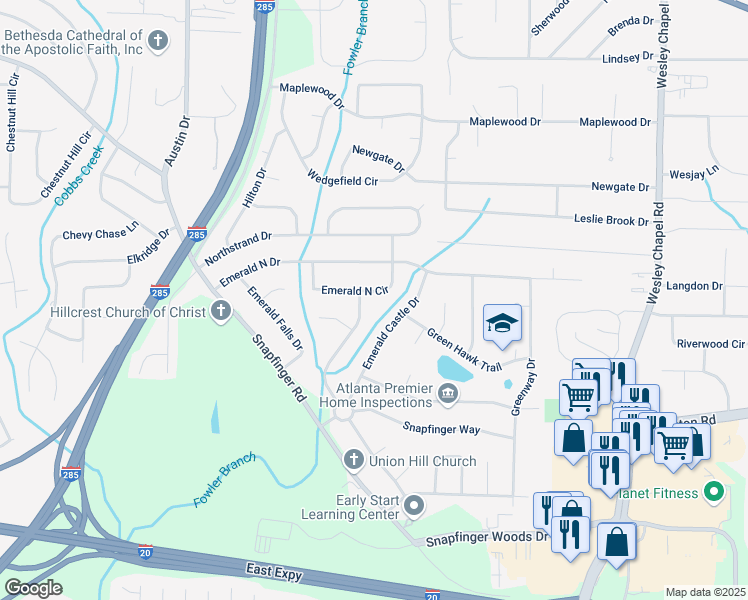 map of restaurants, bars, coffee shops, grocery stores, and more near 2230 Emerald Springs Drive in Decatur