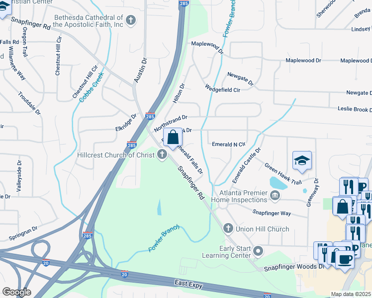 map of restaurants, bars, coffee shops, grocery stores, and more near 2294 Emerald Falls Drive in Decatur