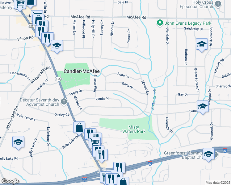 map of restaurants, bars, coffee shops, grocery stores, and more near 2933 Toney Drive in Decatur