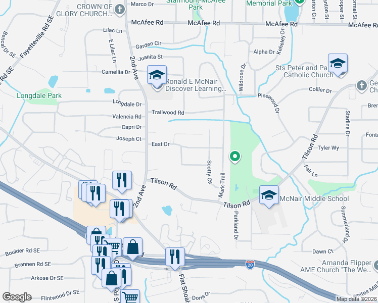 map of restaurants, bars, coffee shops, grocery stores, and more near 2097 East Drive in Decatur
