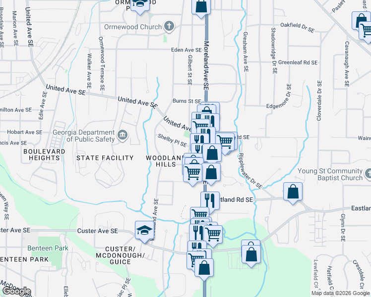 map of restaurants, bars, coffee shops, grocery stores, and more near 1121 Shelby Place Southeast in Atlanta